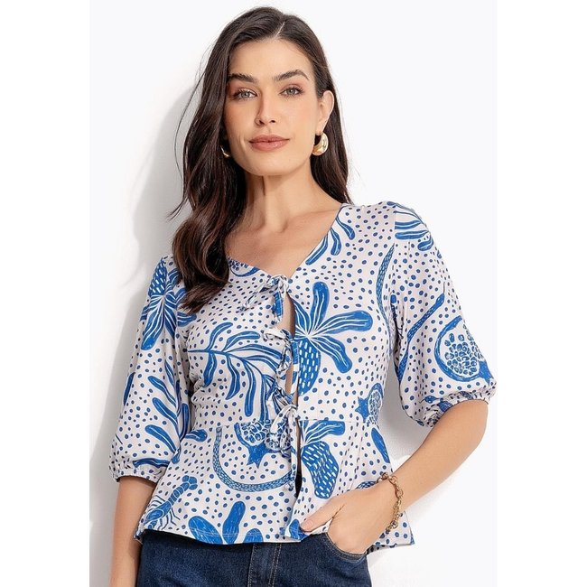 Blusa Em Malha Fria Quintess Pontilhado Azul