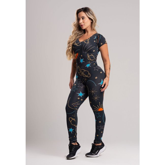 Macacão Longo MVB Modas Manga Curta Fitness Suplex Estampado Cosmic