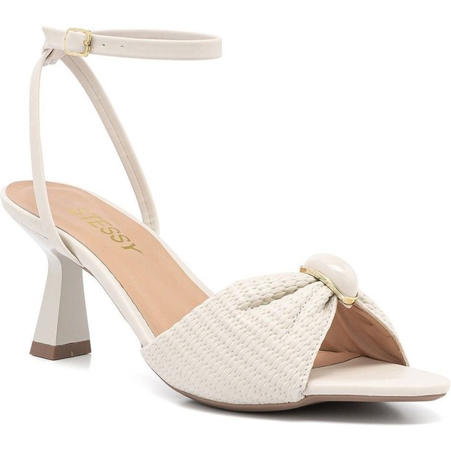 Sandália Feminina Stessy Salto Taça Médio Bico Folha Luxo Confortável Off White