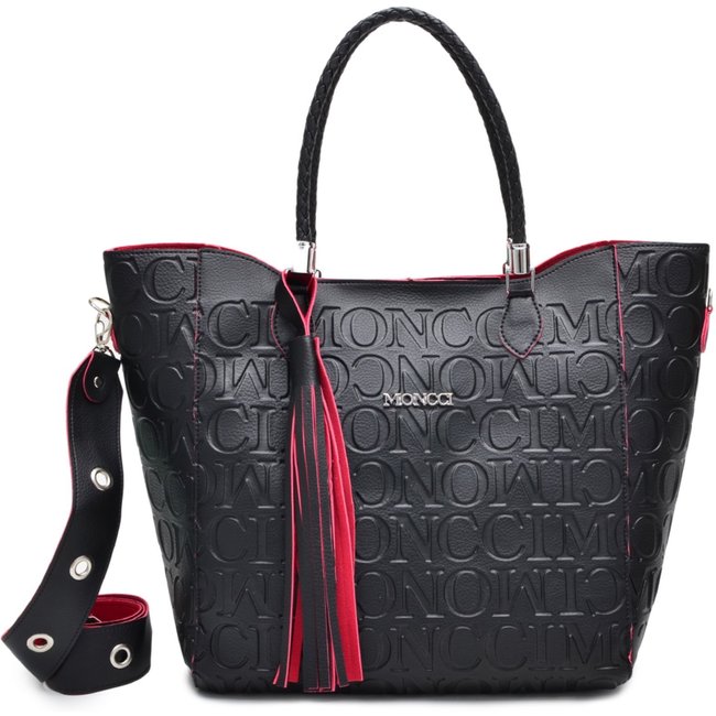 Bolsa Sacola Transversal Grande Moncci Preta Com detalhes Vermelho