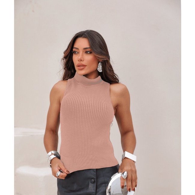 Blusa Regata Cherry Line Sem Mangas Gola Alta Tricot Trança Rosa Nude