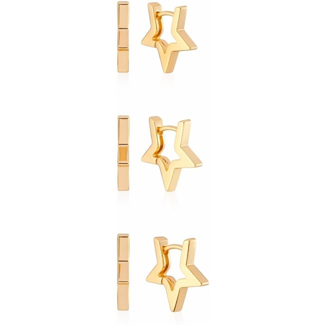 Brinco Trio Argolas Estrelas Lisas Banhado a Ouro 18k