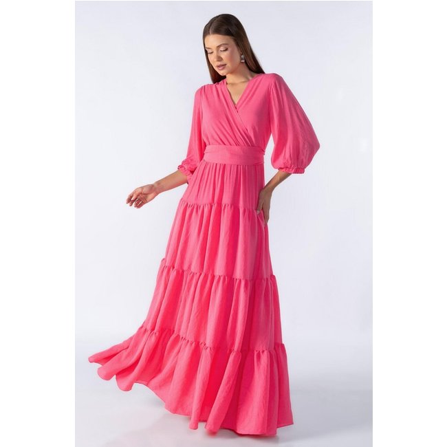 Vestido longo com babados com faixa Rosa