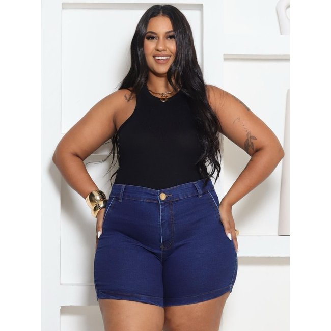 Short Donna De Paula Jeans Escuro Feminino Plus Size Cintura Alta Empina Bumbum
