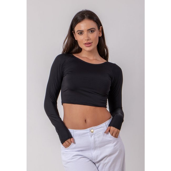 Blusa Cropped Costa Nua Manga Longa Poliamida RLC Modas preto