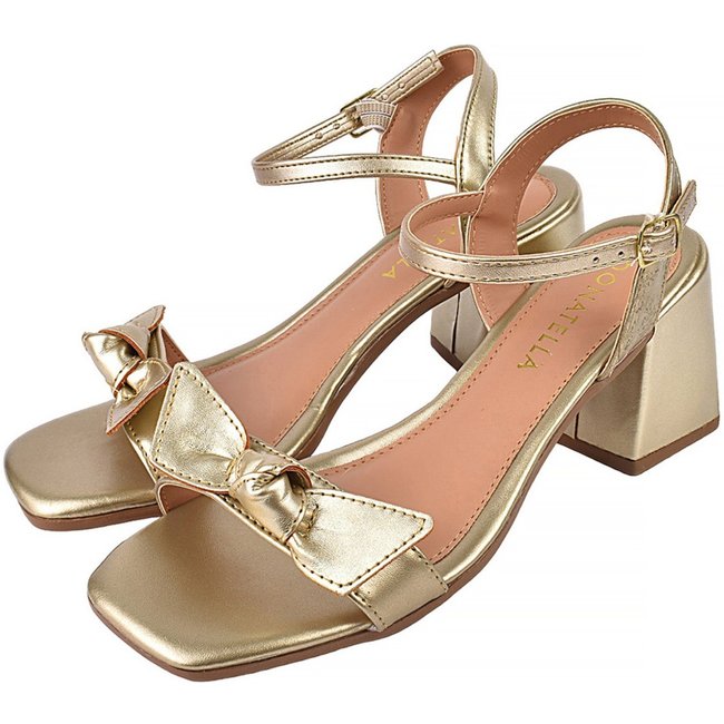 Sandália Feminina Tamanco Donatella Shoes Bico Quadrado Salto Alto Casual Metalizada Laço Ouro Light