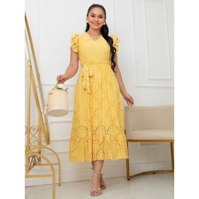 Vestido Lasie Longo Manga curta com Babados BARSONS Confortavel e Casual Amarelo