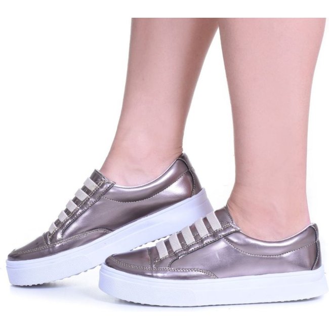 Tênis Feminino Casual Flatform Metalizado Prata Velha