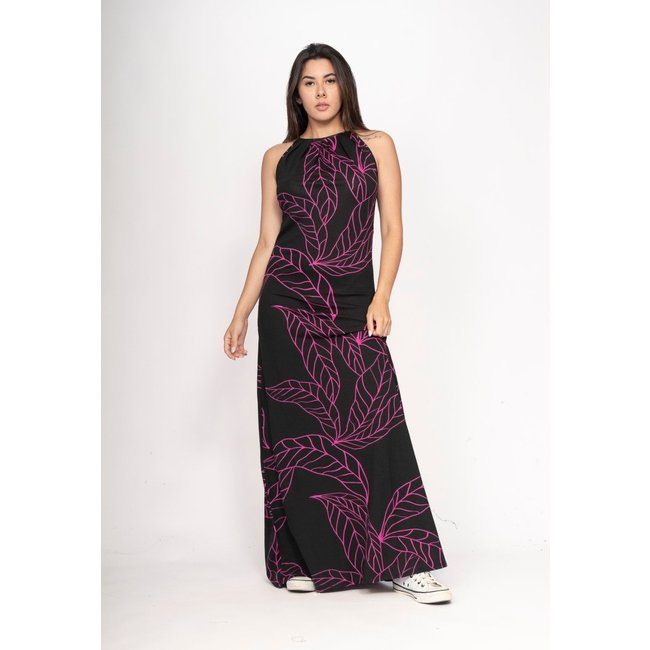 Vestido CabanaFree Longo Eirapuã Malha Trapézio Estampa Antúrios Lilás