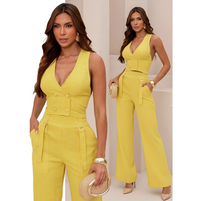 Conjunto Feminino Alfaiataria Divina Gata Colete e Calça Amarelo Vita