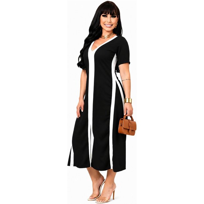 Vestido Longo Gola V D Bell Outlet Fashion Preto