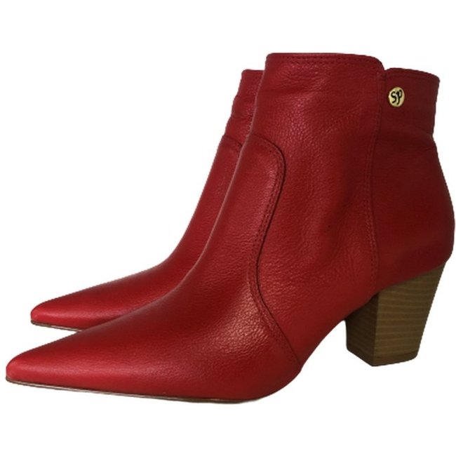 Bota Feminina Bico Fino Cano Curto Couro Salto 6 cm Vermelho