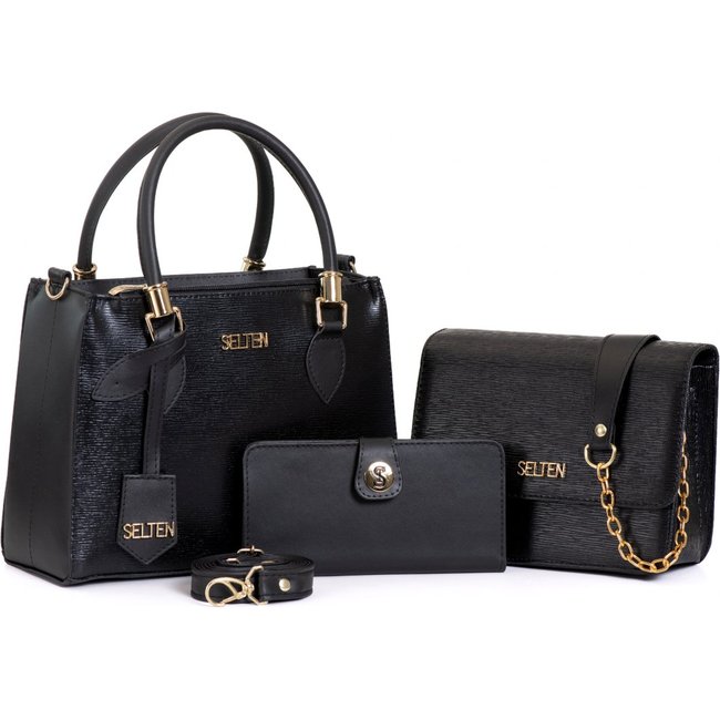 Kit Bolsa Feminina Média + Bolsa Transversal Alça De Corrente com Carteira Selten Preta