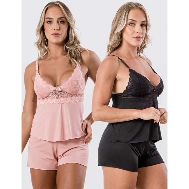 Kit 2 Baby Doll Diluxo Sem Bojo Joana Preto e Rosa