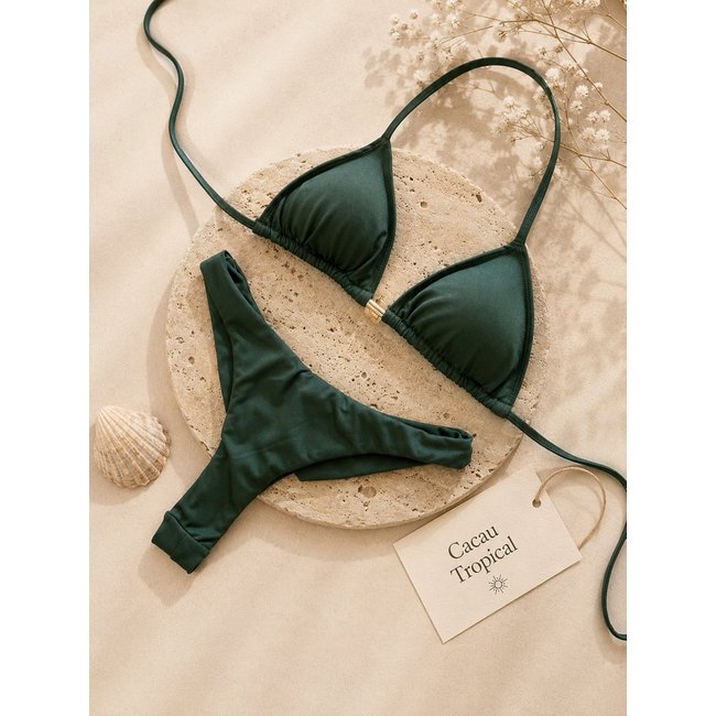Biquíni Cortininha Feminino Premium Cacau Tropical com Calcinha Asa Delta Moda Praia Verão Verde Militar