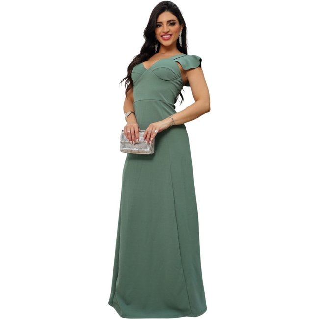 Vestido Longo Festa Meia taça Convidadas Casamento Tubinho Sereia com Manguinha Lauanely Verde Oliva