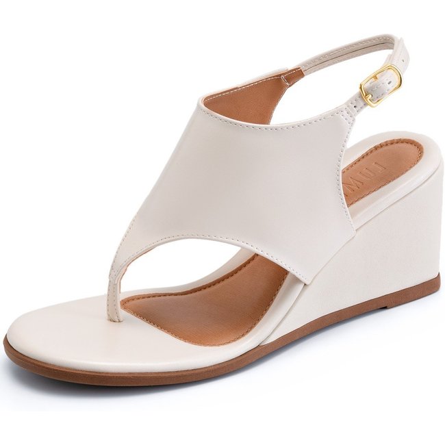 Sandália Feminina Lumiss Anabela De Dedo Confortável Bico Redondo Fivela Off White