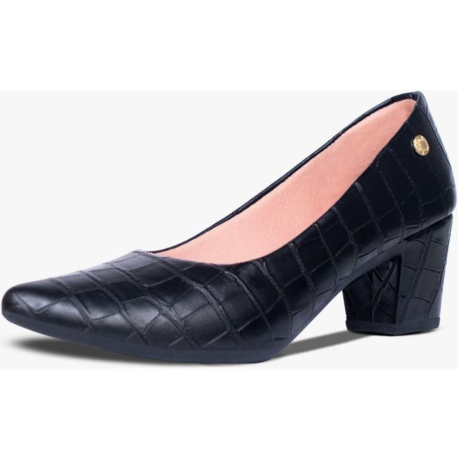 Scarpin Feminino Takata Salto Baixo Bloco Sapato Casual Social Croco Preto