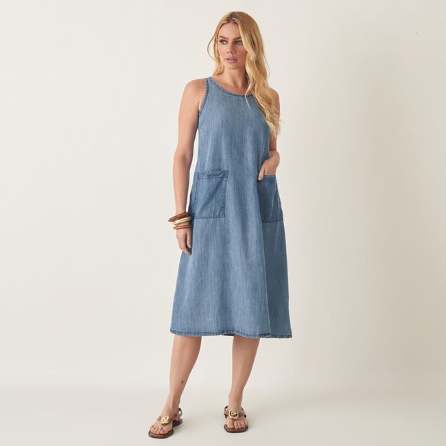 Vestido Midi Jeans Tencel com Bolsos