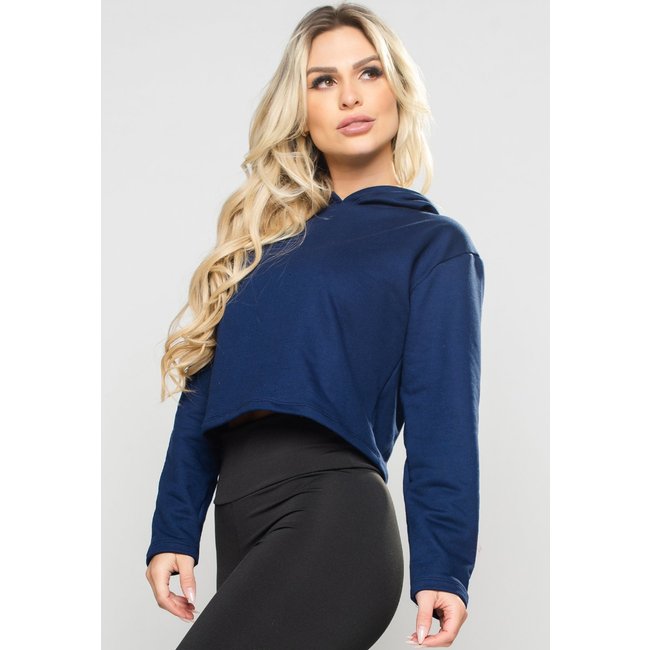 Cropped MVB Casaco Moletom Flanelado Manga Longa Blusa Capuz Azul