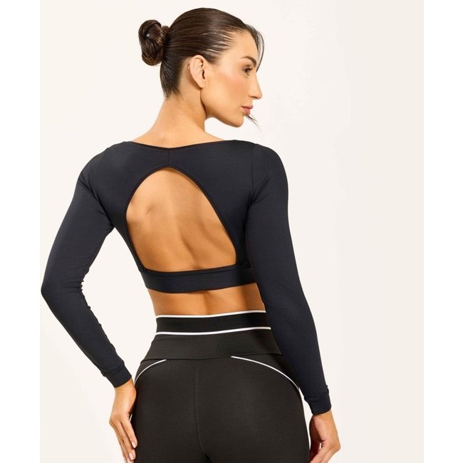 Cropped Manga Longa Preto Decote Costas Poliamida Soft Com Bojo Donna Carioca
