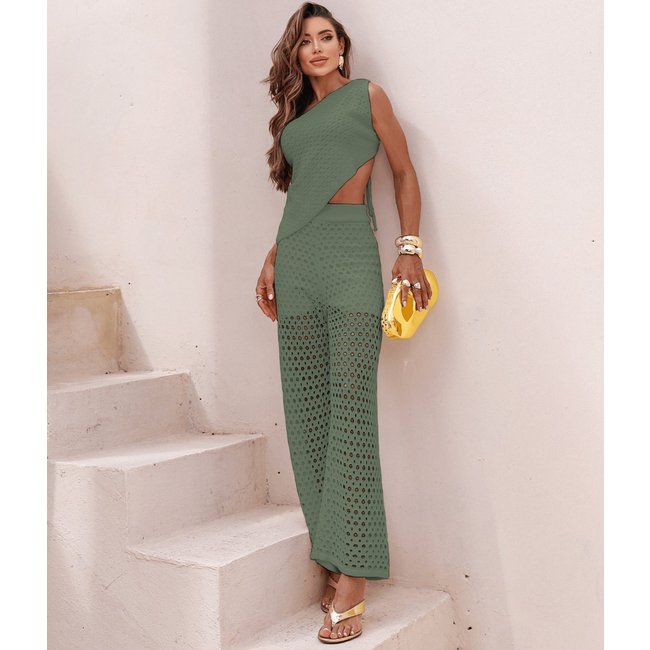 Conjunto Cherry Line Duas Peças Cropeed Blusa Assimetrica Calça Vazada Tricô Verde