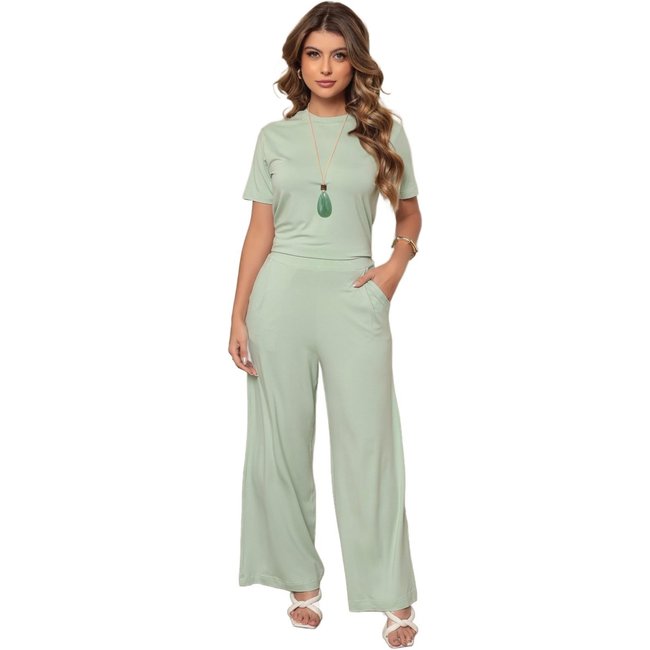 Conjunto Dellamarca Calça Pantalona e Blusa Manga Curta Prime Verde Agua
