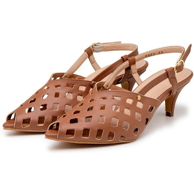 Sandalia Scarpin Salto Baixo Slingback Bico Fino 6033 Napa Caramelo- Margarida