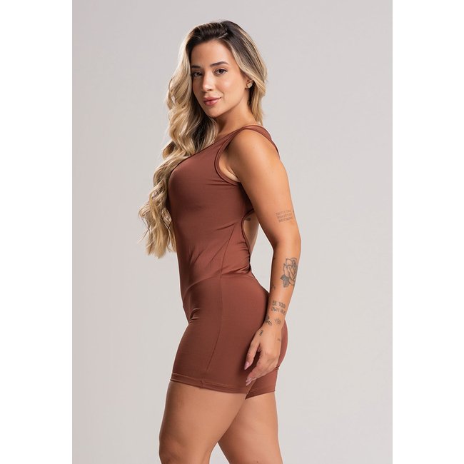 Macaquinho Curto MVB Modas Fitness Academia Suplex Liso Marrom