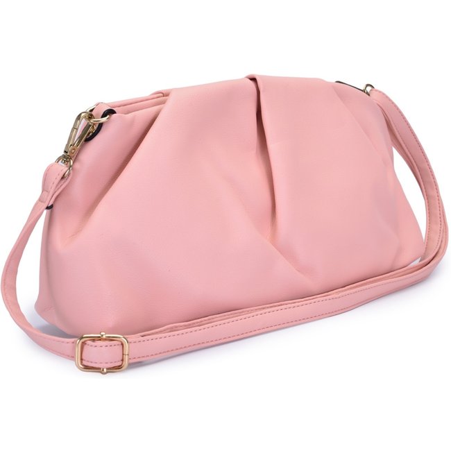 Bolsa Transversal Feminino Enrugada Baguete de Mão Media Rosa