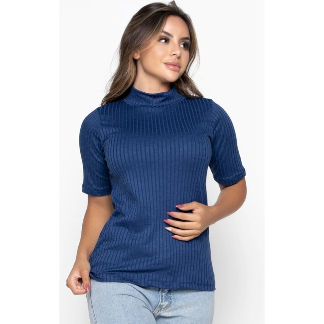 Blusa Canelada Bravaa Store Feminina Gola Alta Liso Inverno Cacharrel 300 Azul