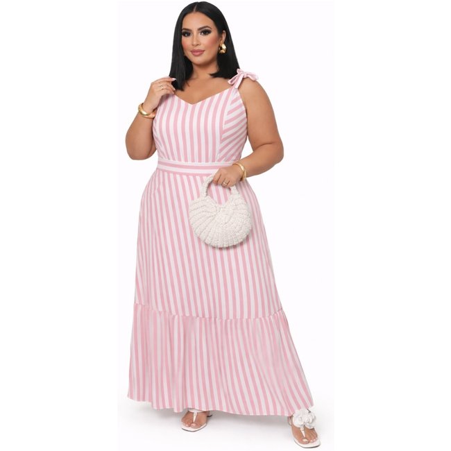Vestido Longo Plus Size D Bell Outlet Fashion Listrado Alça Amarração Rosa