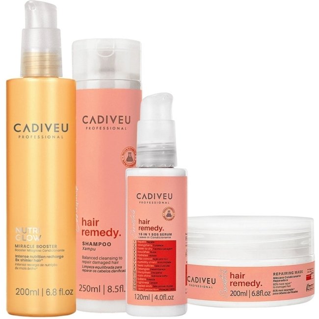 Kit Cadiveu Essentials Hair Remedy Shampoo Máscara Leave-in e Nutri Glow Booster (4 produtos)