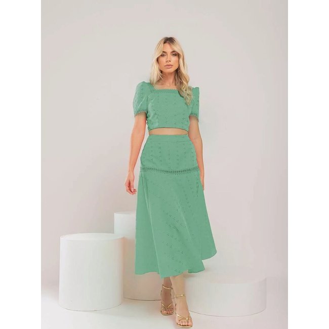 Conjunto Cropped e Saia em Laise Lily Daisy LD501 Chá Verde