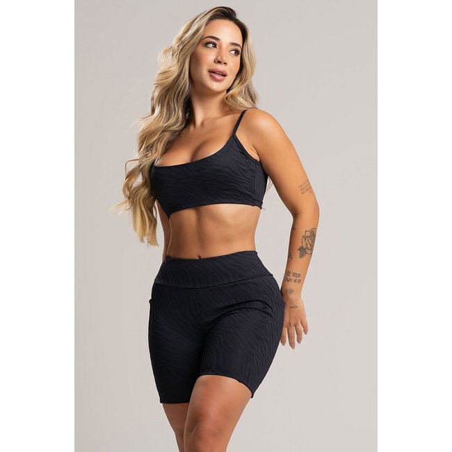 Short Fitness MVB Modas Feminino Com Bolsos Cintura Alta Fitness Academia Jacquard Preto