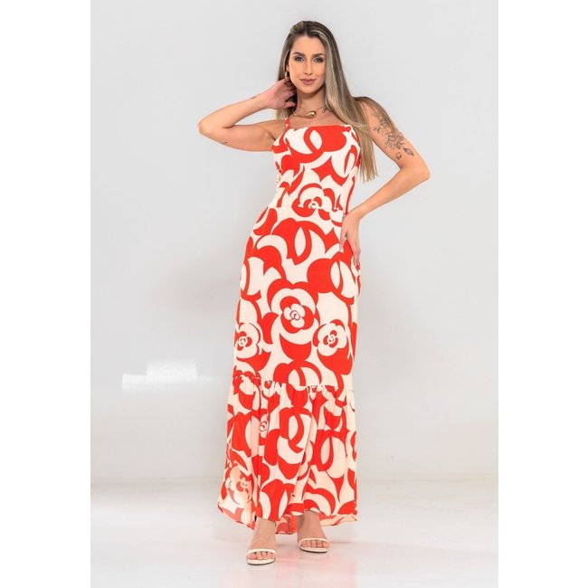 Vestido Longo com Fenda Lateral Katia Floral em Duna Premium Vermelho - Docce Mulher