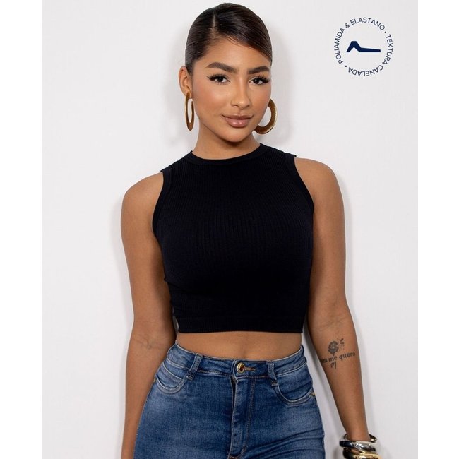Regata Cropped Feminina Canelada Poliamida 99225 Preto Consciência