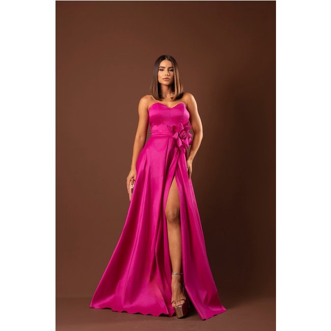 Vestido Longo de Festa Madrinhas Tomara que Caia com Flor Lateral Saia em A Marlenne Pink