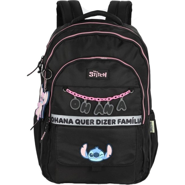 Infantil - Mochila M Juvenil Náilon Notebook Ohana Stitch + Chaveiro Preto