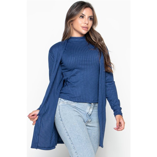 Cardigan Kimono Canelado Bravaa Store Cardigã Feminino Aberto Casaco Blazer 166 Azul Marinho