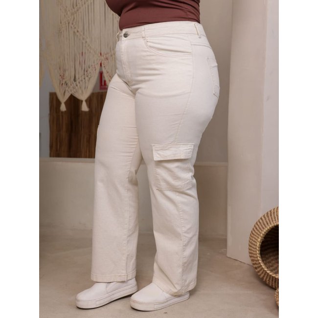 Calça Feminina Jeans Light Cargo Plus Size Areia Sarja