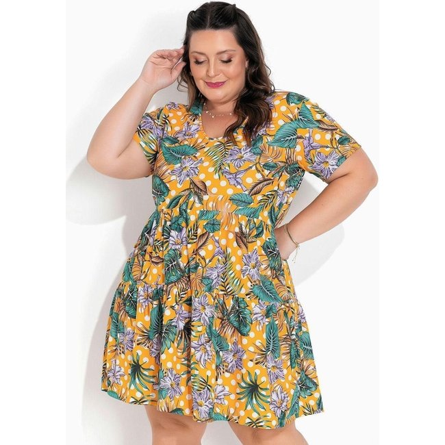 Vestido Com Franzidos Plus Size Floral E Poá Marguerite