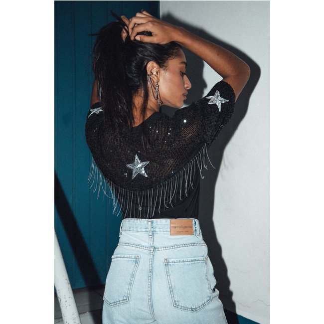 T-Shirt Vintage Com Paetês E Malha Com Bordado E Franjas marinaegabriella