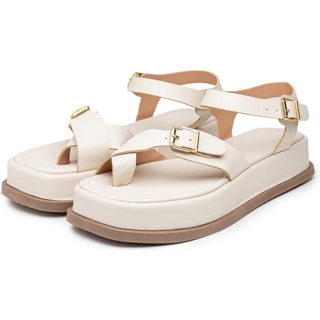 Sandália Feminina Papete Flatform Tiras Fivela 23410 Off White OFFWHITE