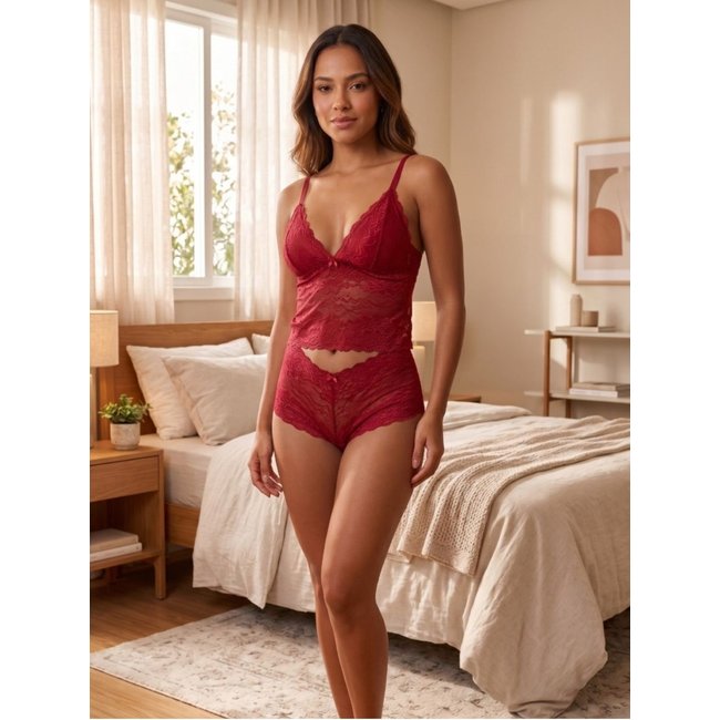 Conjunto Lingerie de Renda Top Cropped Sexy Espera Marido Feminino Caleçon Sem Bojo Confortável Vermelho