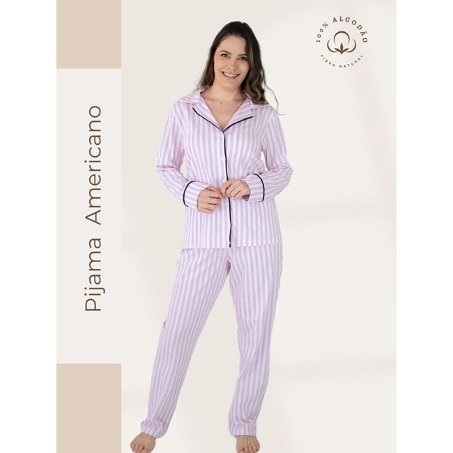 Pijama Algodão Americano Feminino Longo Piante Amanda Listrado Rosa