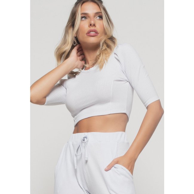 Cropped Salvatore Princesa Gola Redonda Malha Canelada Branco