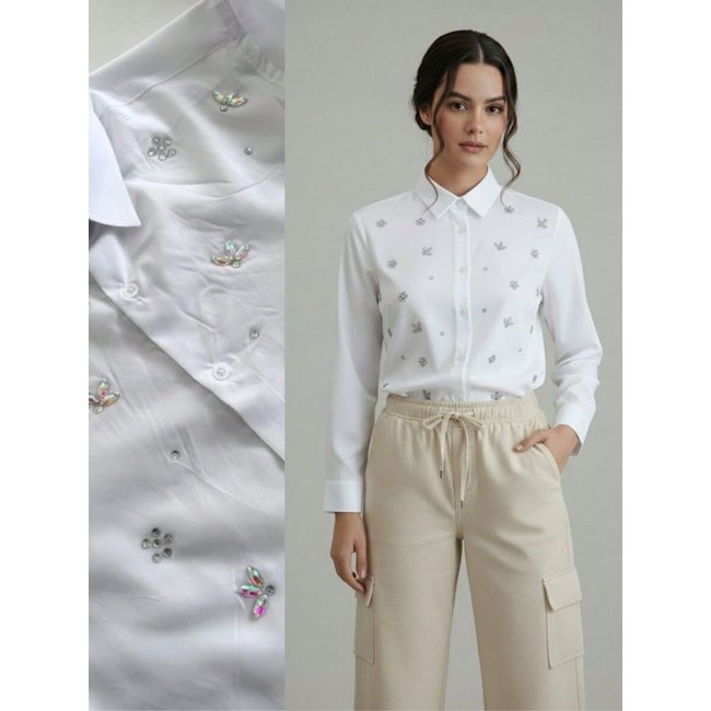Camisa Social Feminina com Strass Furta-cor Premium Variados Branca | Blusa de Luxo Manga Longa Elegante Branco