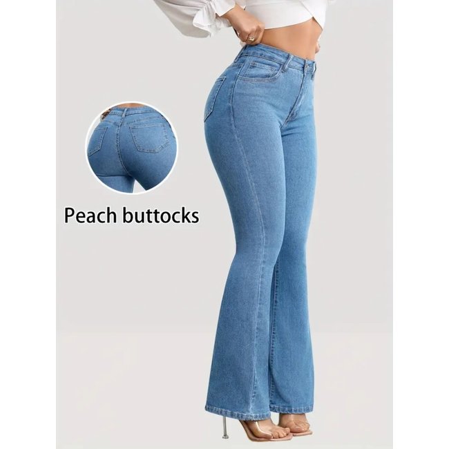 Calça Flare Jeans Feminina Kovali Premium Estilo Gringa Com Elastano Cintura Alta Levanta Bumbum Azul Claro