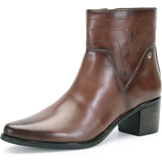Bota Feminina Ferrile Bico Fino Cano Curto Em Couro Salto Bloco Café